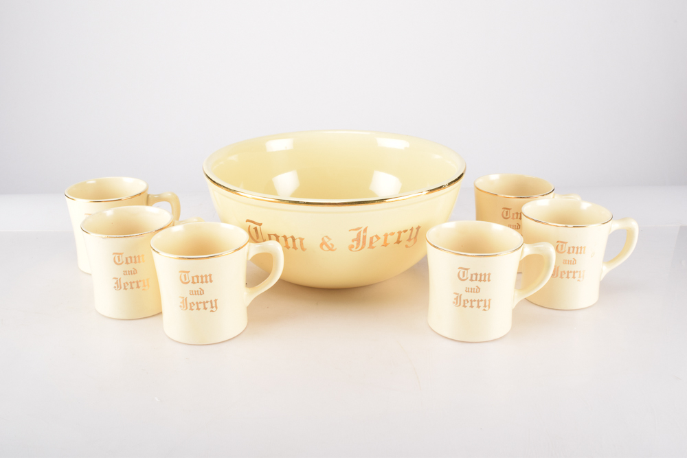 Homer Laughlin "Tom and Jerry" Punch Bowl and Mugs