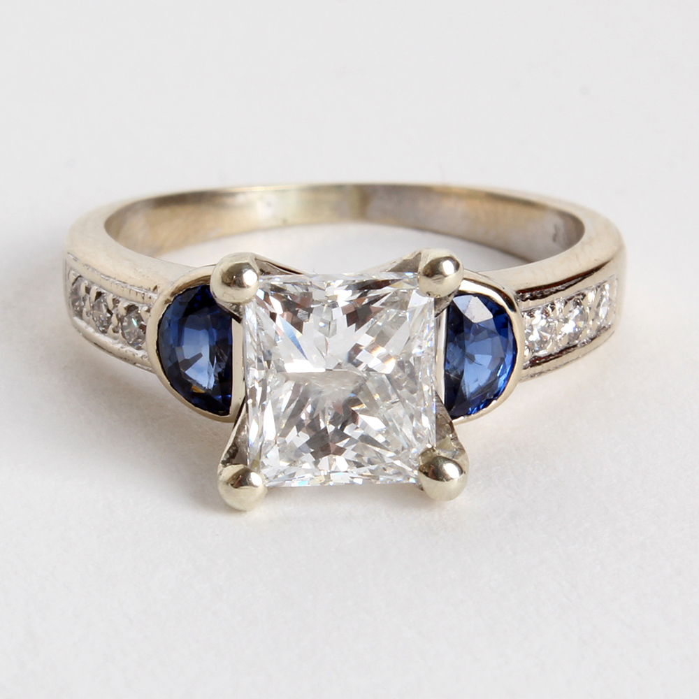 18K White Gold Princess Cut Diamond with Demilune Sapphire Shoulders