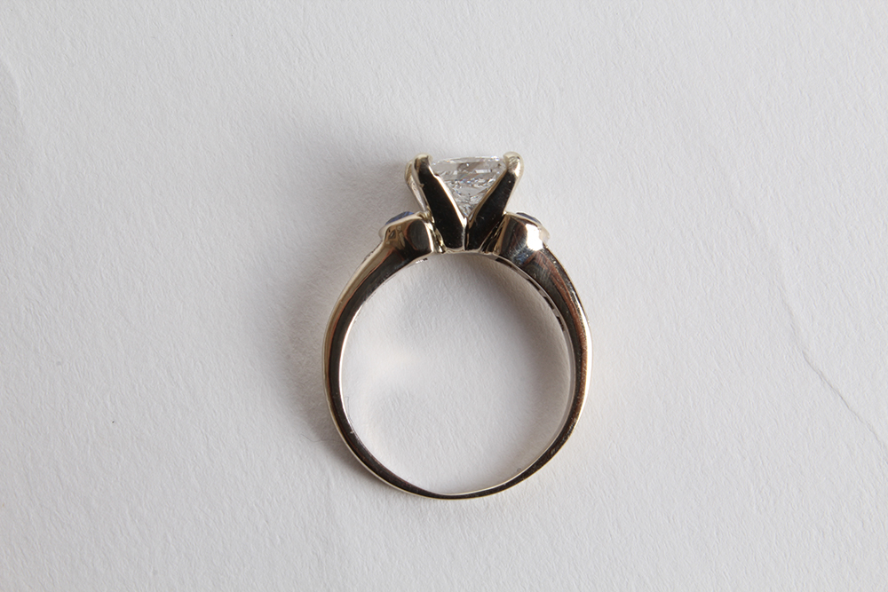 18K White Gold Princess Cut Diamond with Demilune Sapphire Shoulders