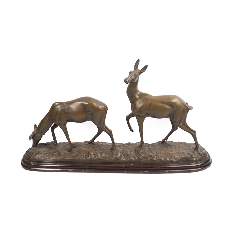 After Irenee Rochard Bronze "Grazing Deer" Sculpture