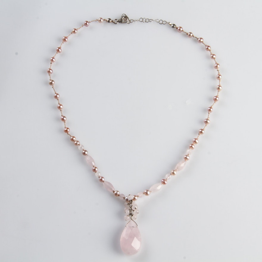 Rose Quartz and Pink Freshwater Pearl Necklace with Sterling Closure