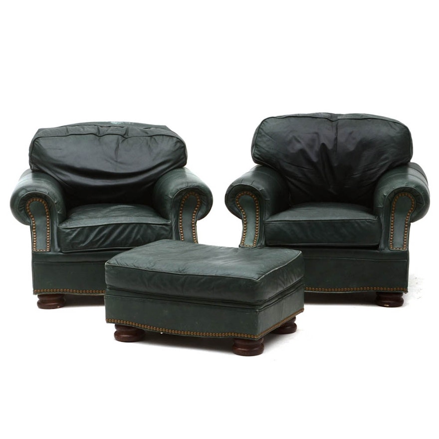 Drexel Heritage Green Leather Upholstered Chairs and Ottoman