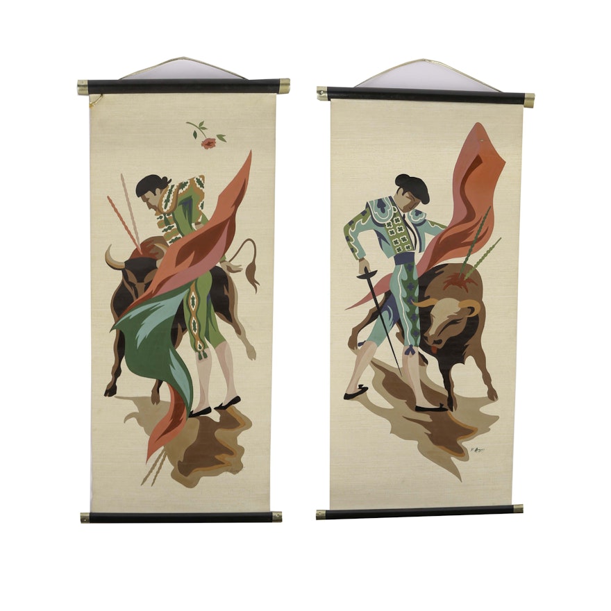 Hand Painted Bull Fighter Hanging Scolls