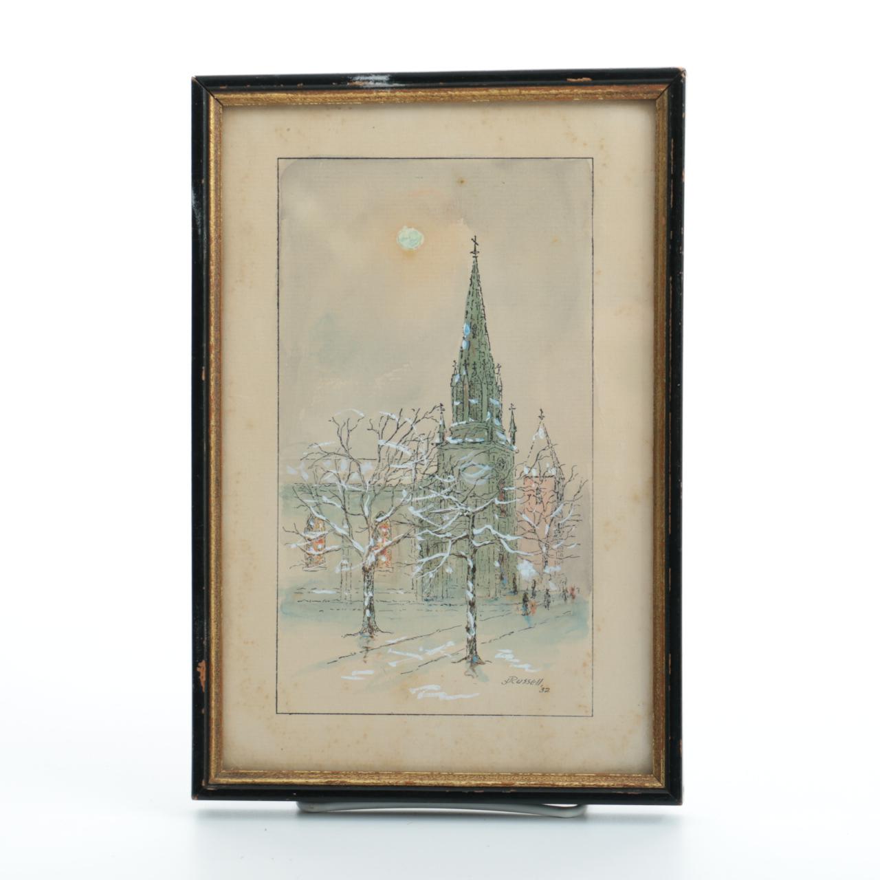 J. Russell Mixed Media Painting of Cathedral