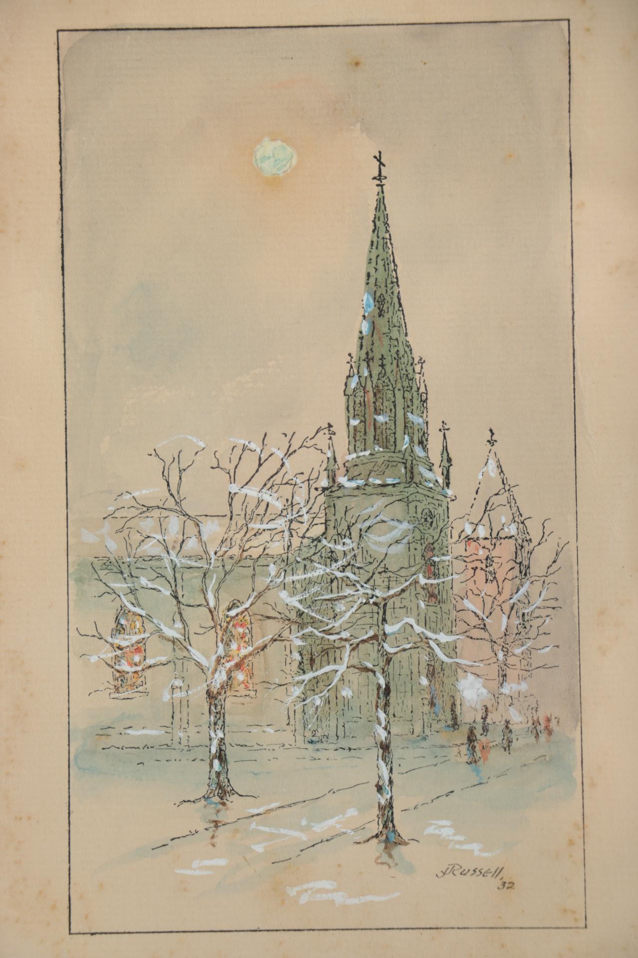 J. Russell Mixed Media Painting of Cathedral