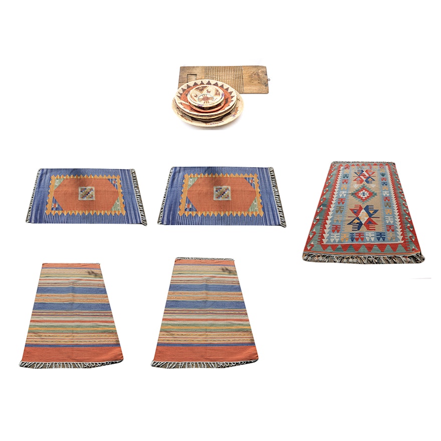 Collection of Central Asian and Mexican Rugs with Baskets