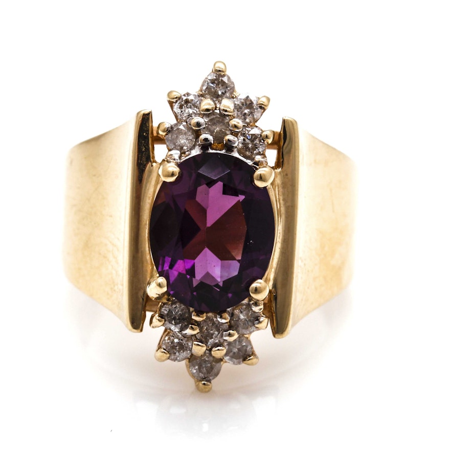 14K Yellow Gold Amethyst and Diamond Ring