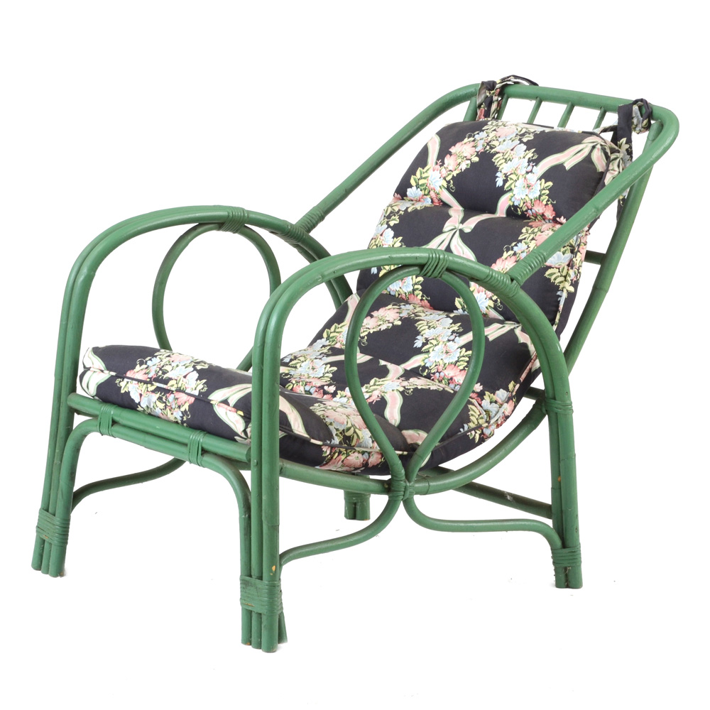 Vintage Green Rattan Lounge Chairs with Chintz Cushion