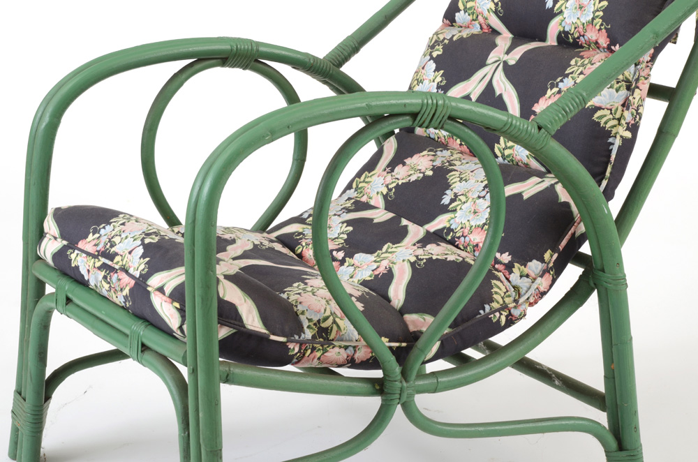 Vintage Green Rattan Lounge Chairs with Chintz Cushion