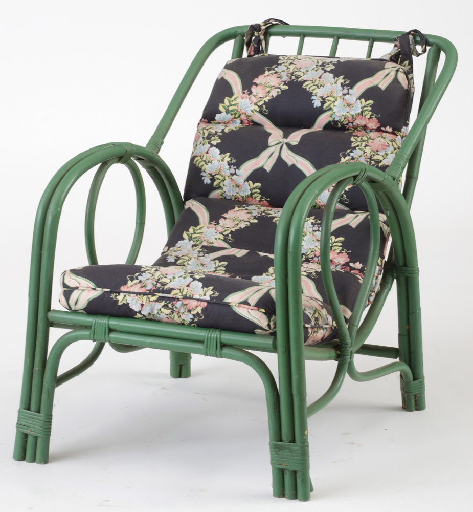 Vintage Green Rattan Lounge Chairs with Chintz Cushion