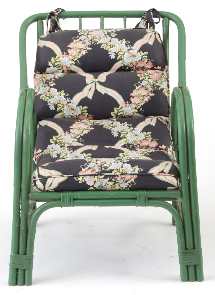 Vintage Green Rattan Lounge Chairs with Chintz Cushion