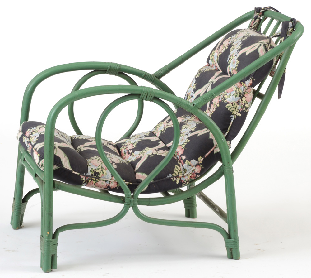 Vintage Green Rattan Lounge Chairs with Chintz Cushion