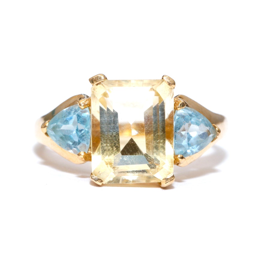 10K Yellow Gold Citrine and Blue Topaz Cocktail Ring