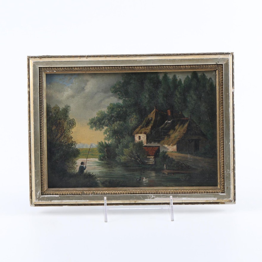 Original Oil Painting on Wood Panel Of River House