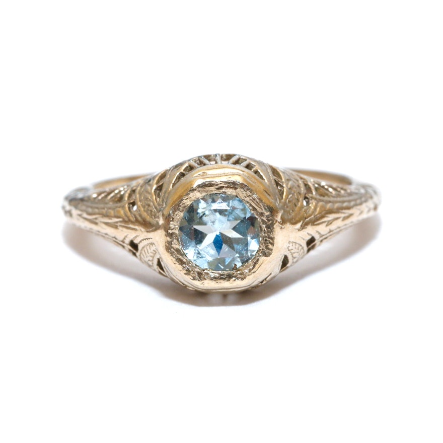 Edwardian 14K White Gold Aquamarine Filigree Ring