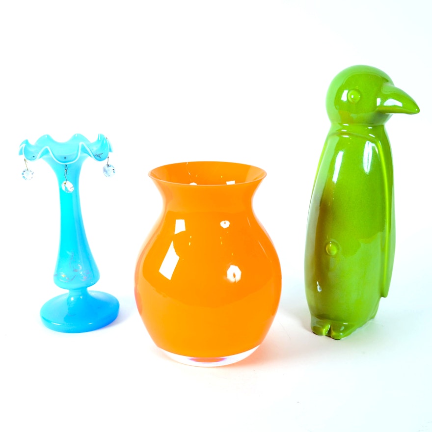 Colorful Glass Vases and Ceramic Penguin Figurine