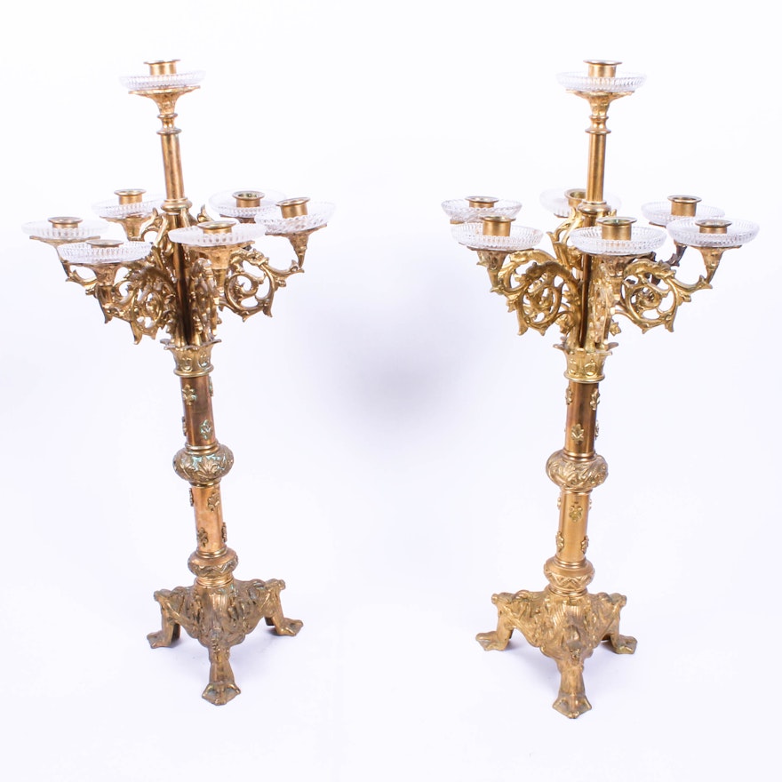 Pair of Ornate Brass and Glass Candelabra