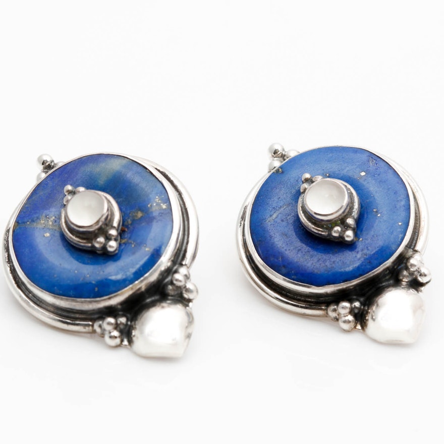 Sterling Silver Moonstone and Lapis Lazuli Earrings