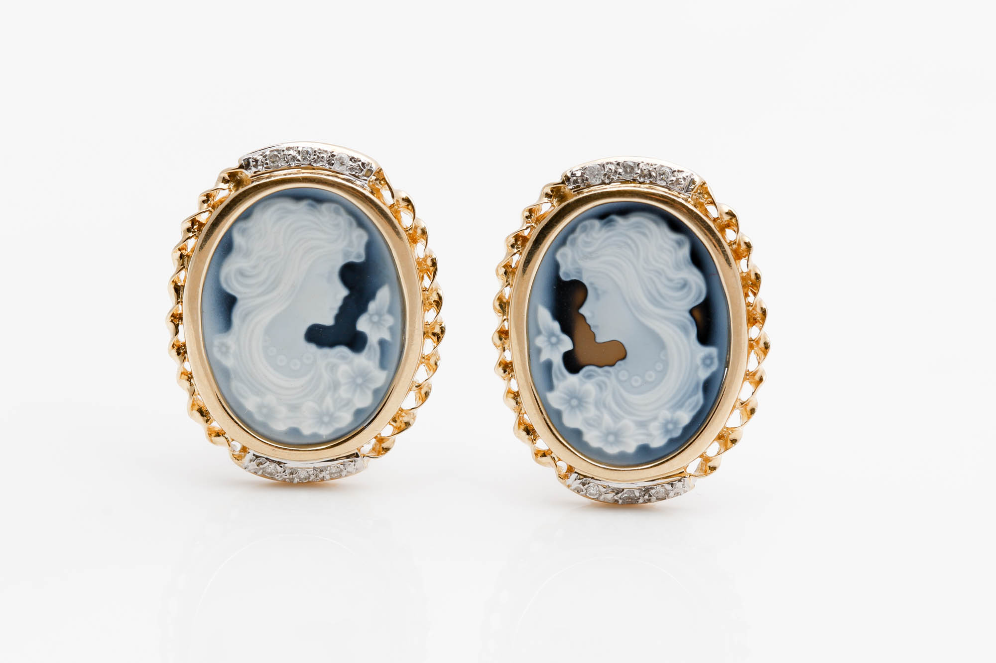 14K Yellow Gold Black Onyx Cameo and Diamond Earrings