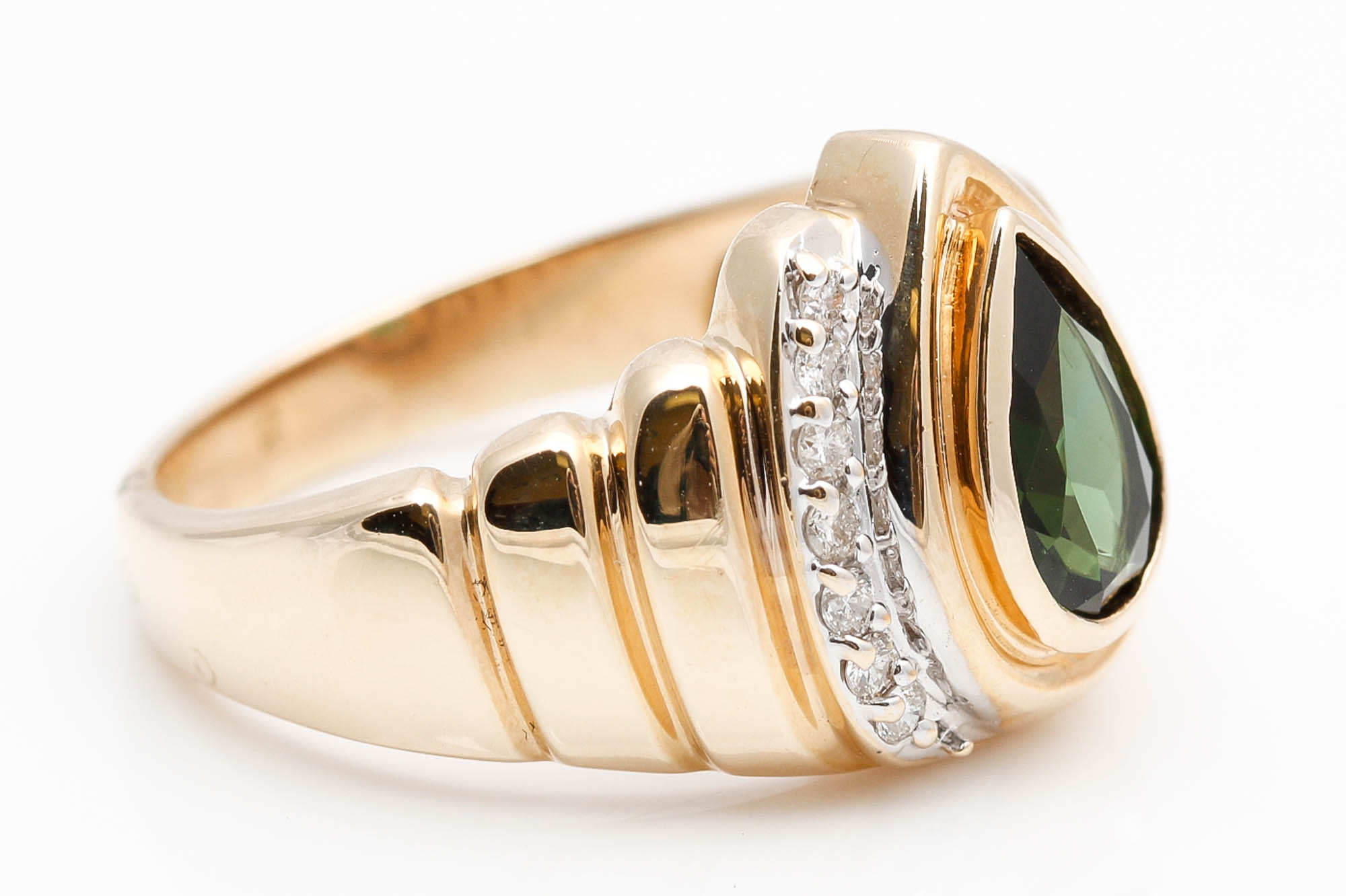 14K Yellow Gold Green Tourmaline and Diamond Ring