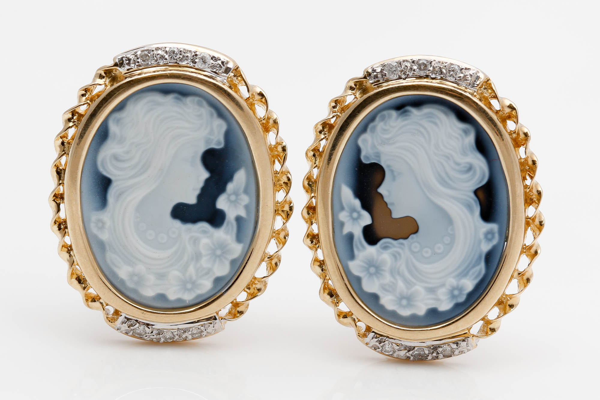 14K Yellow Gold Black Onyx Cameo and Diamond Earrings