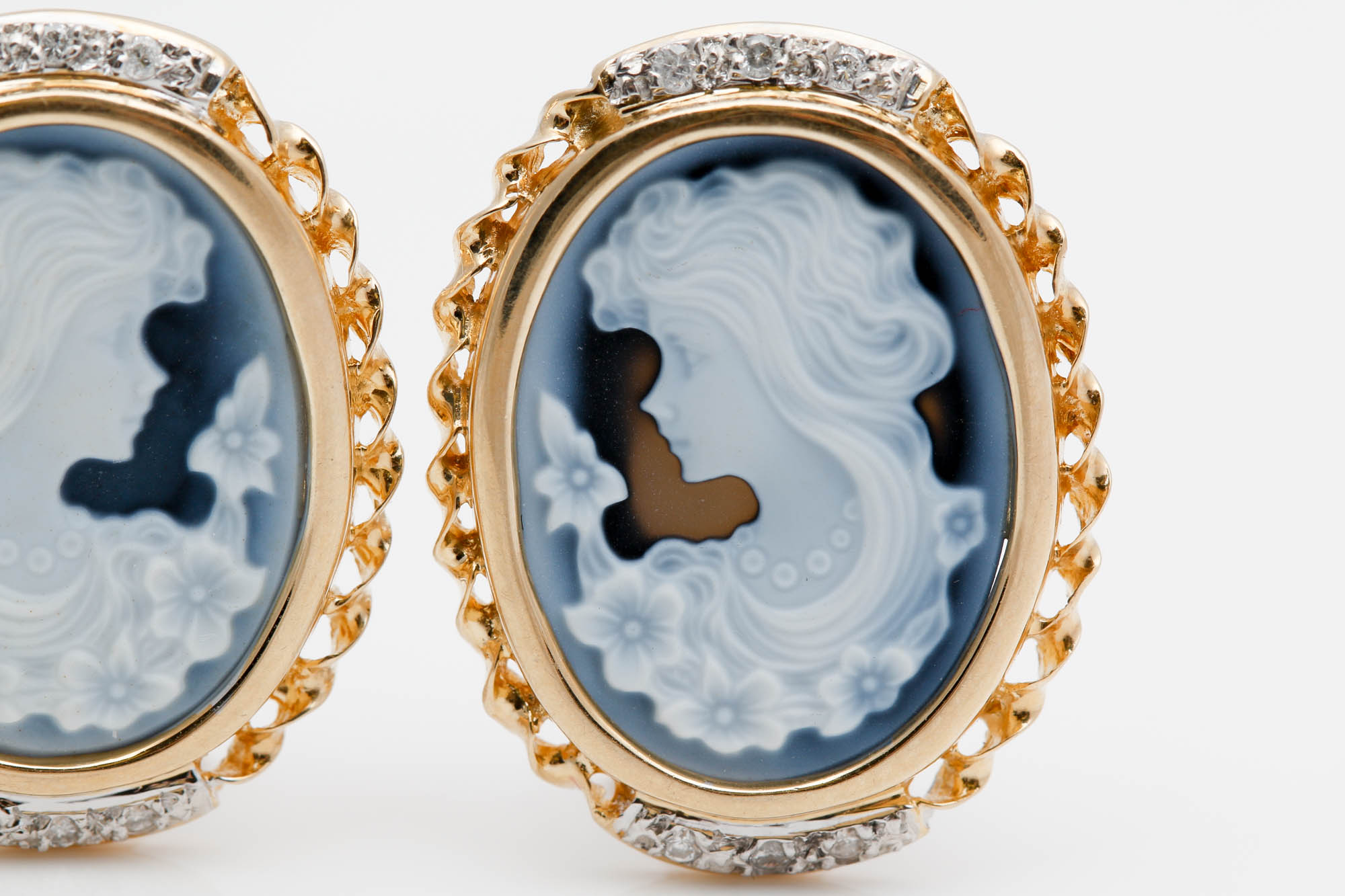 14K Yellow Gold Black Onyx Cameo and Diamond Earrings