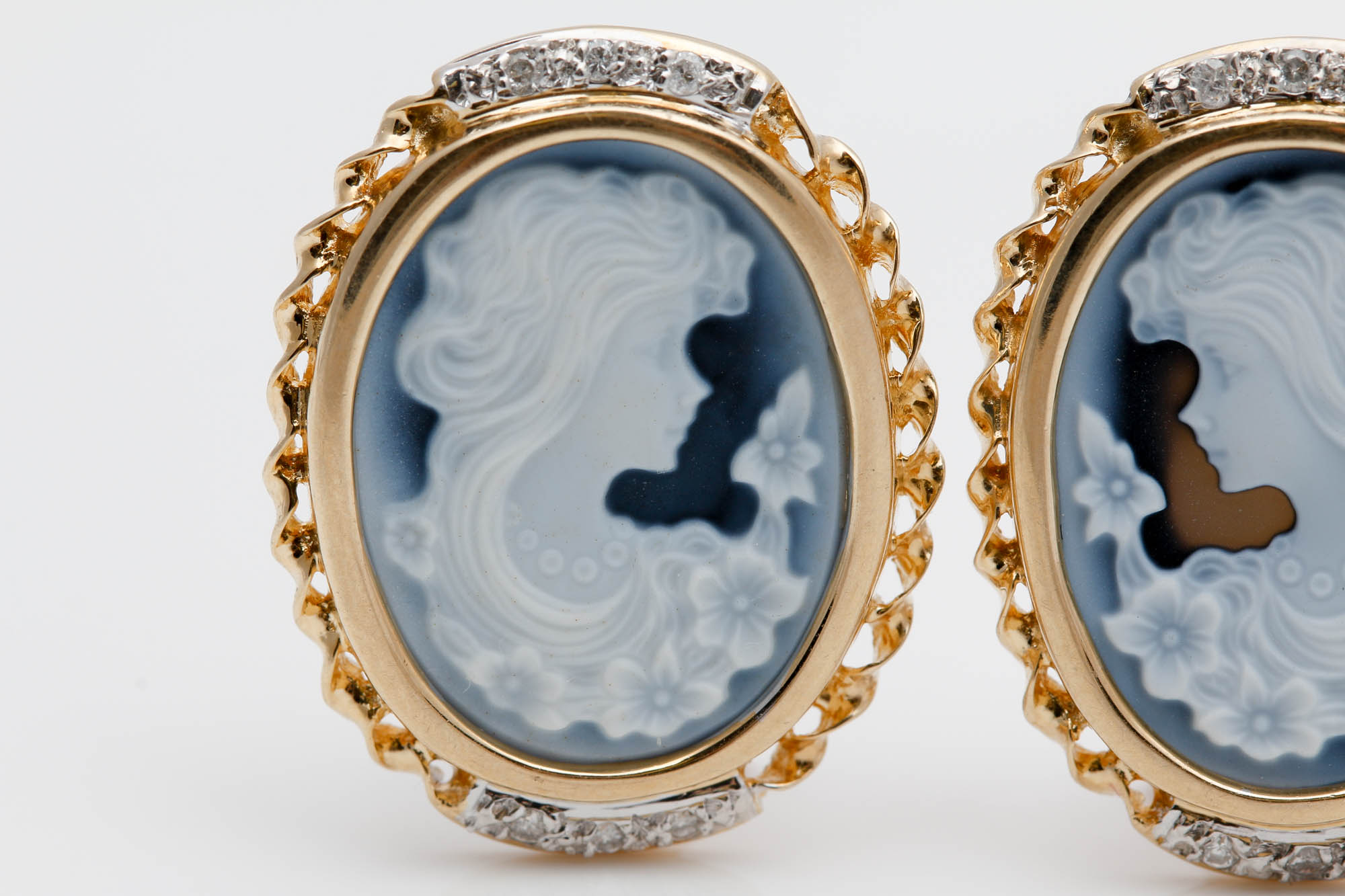 14K Yellow Gold Black Onyx Cameo and Diamond Earrings