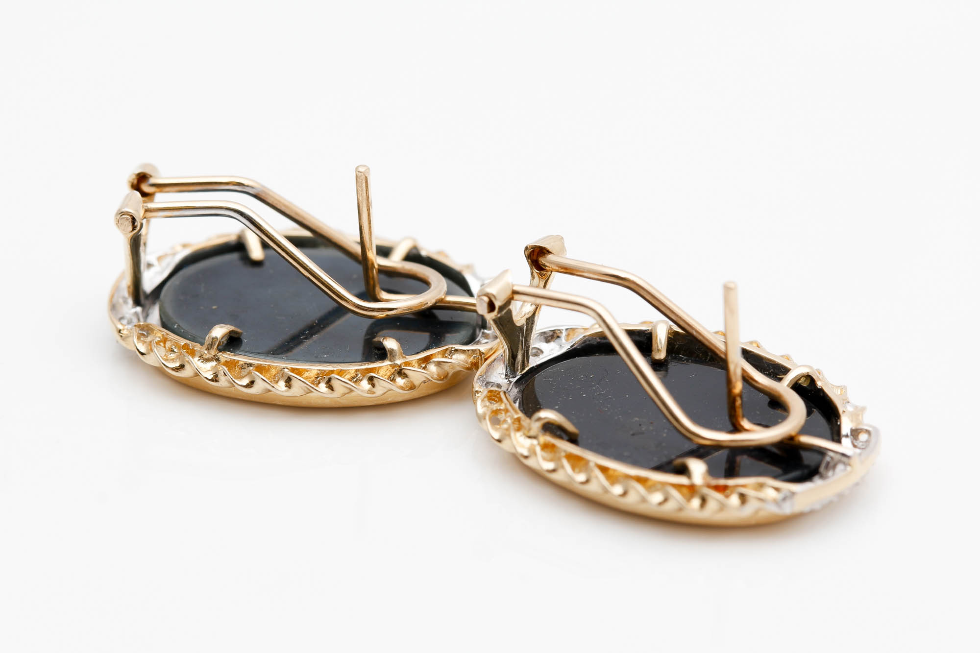 14K Yellow Gold Black Onyx Cameo and Diamond Earrings