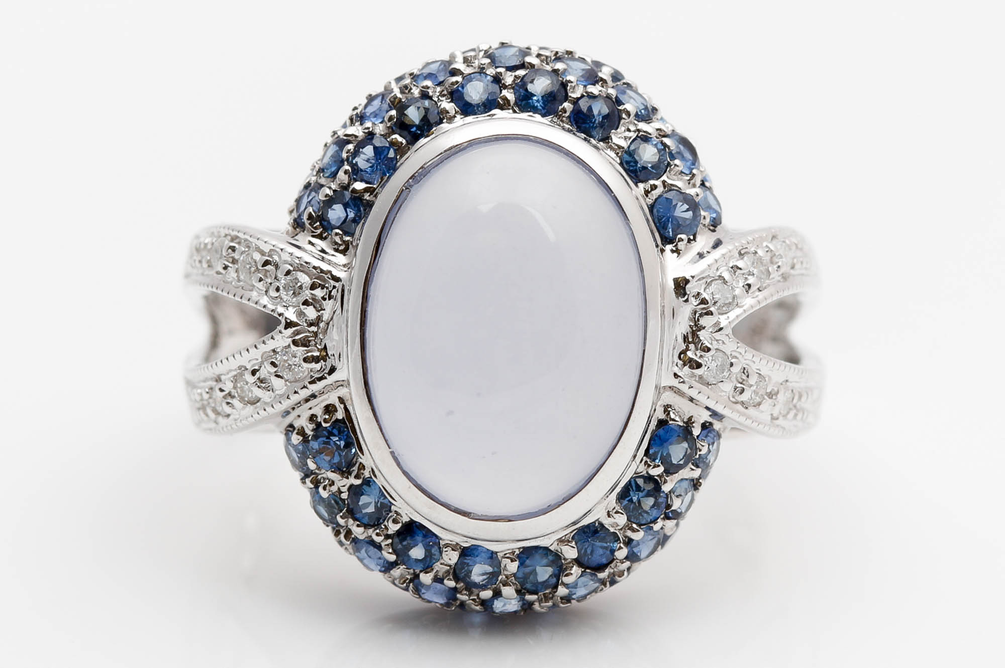 14K White Gold Chalcedony, Sapphire, and Diamond Ring