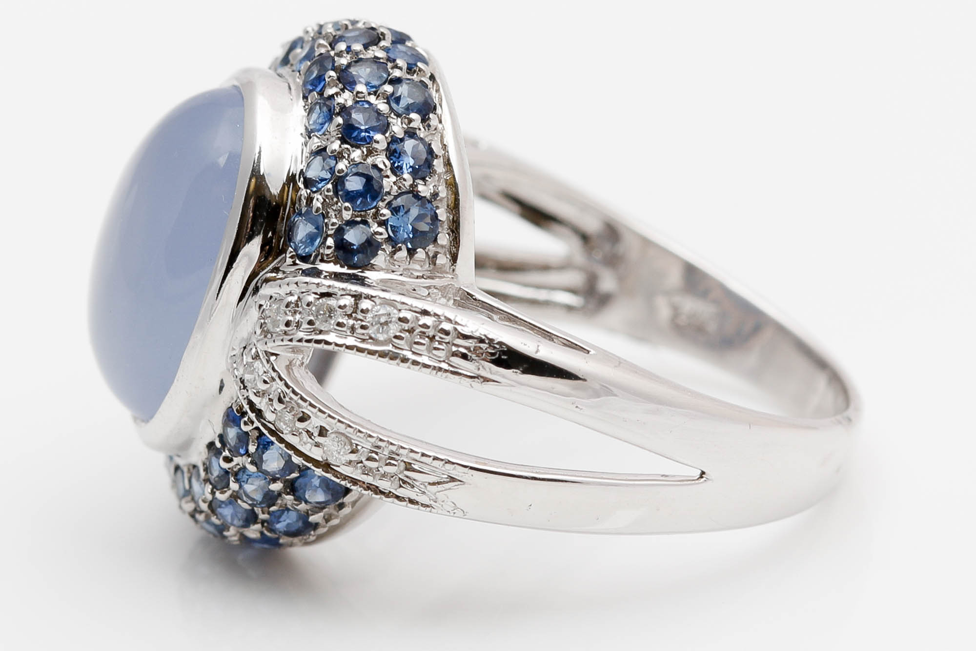 14K White Gold Chalcedony, Sapphire, and Diamond Ring