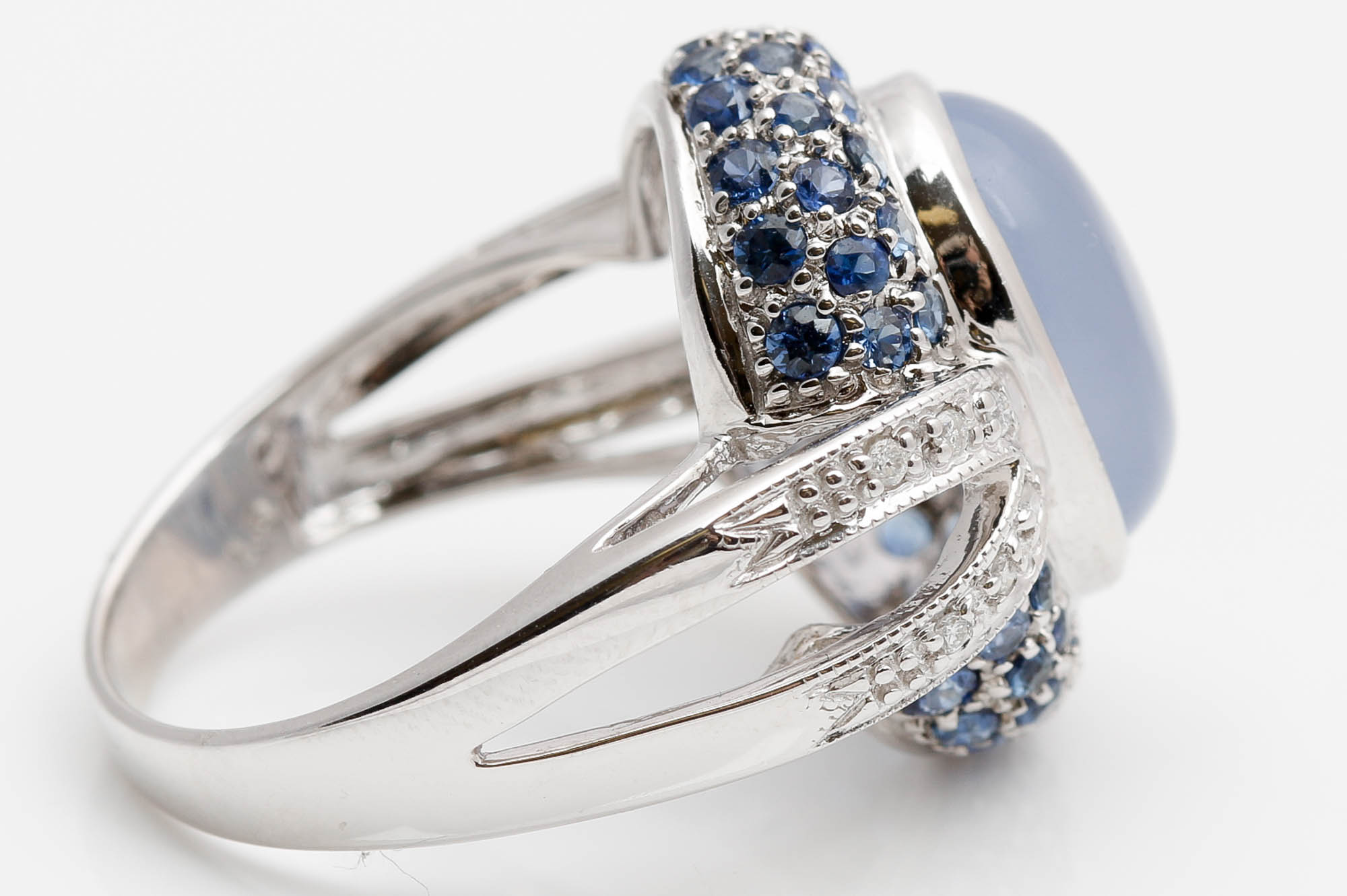 14K White Gold Chalcedony, Sapphire, and Diamond Ring