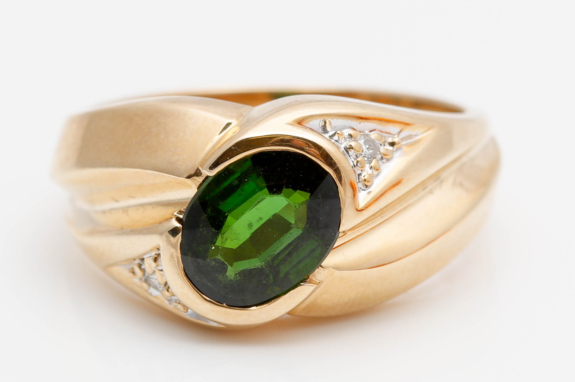 14K Yellow Gold Green Tourmaline and Diamond Ring