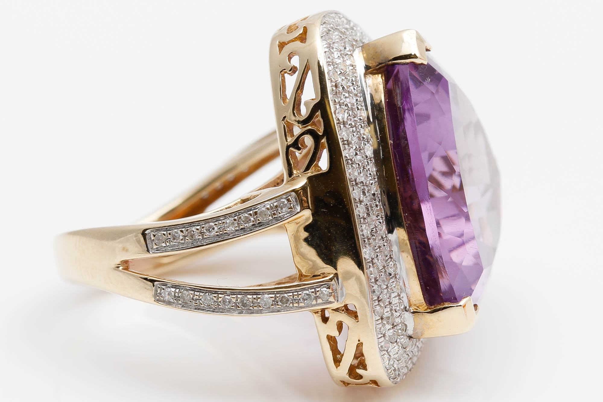 14K Yellow Gold Amethyst and Diamond Ring