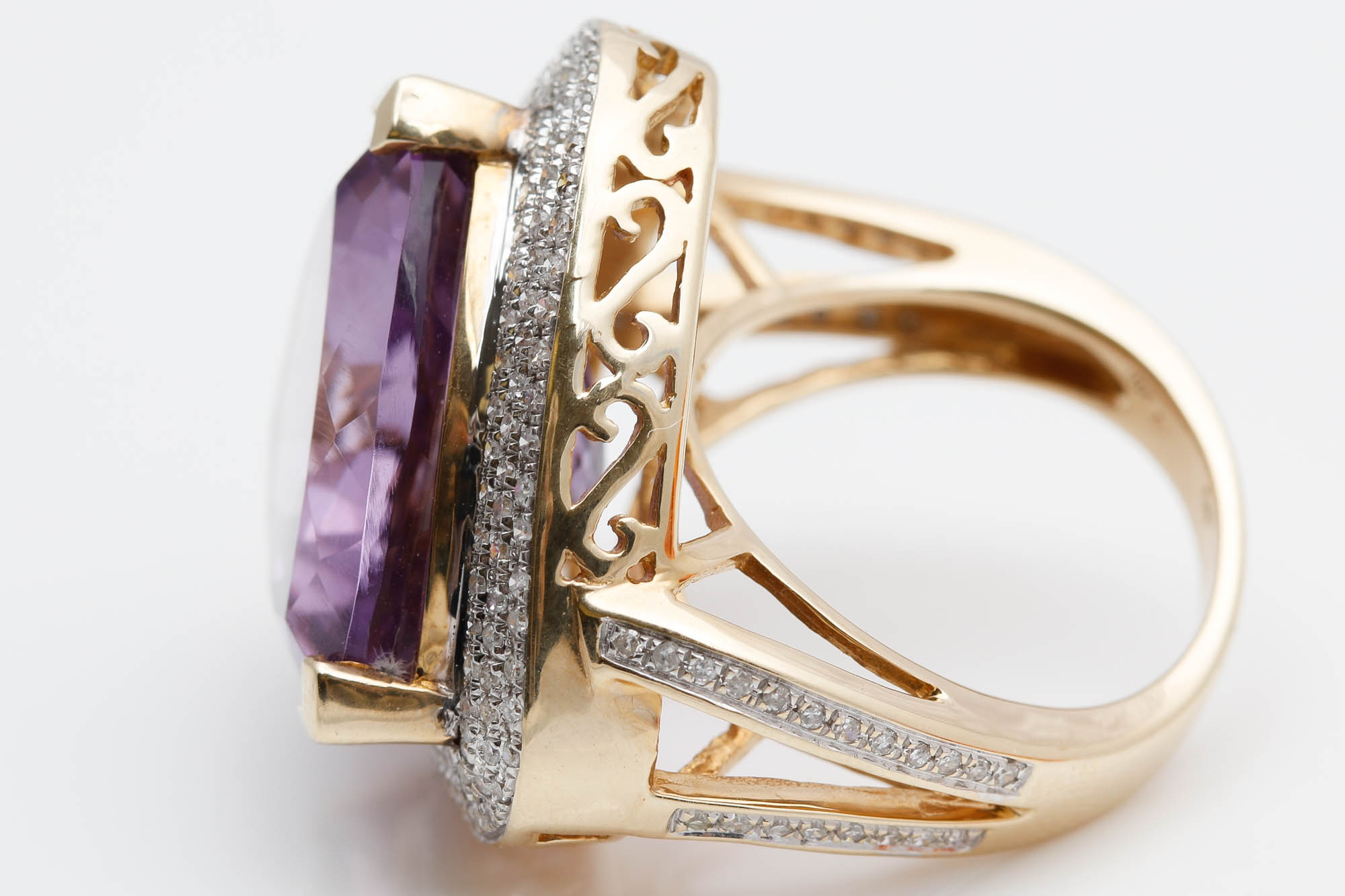 14K Yellow Gold Amethyst and Diamond Ring