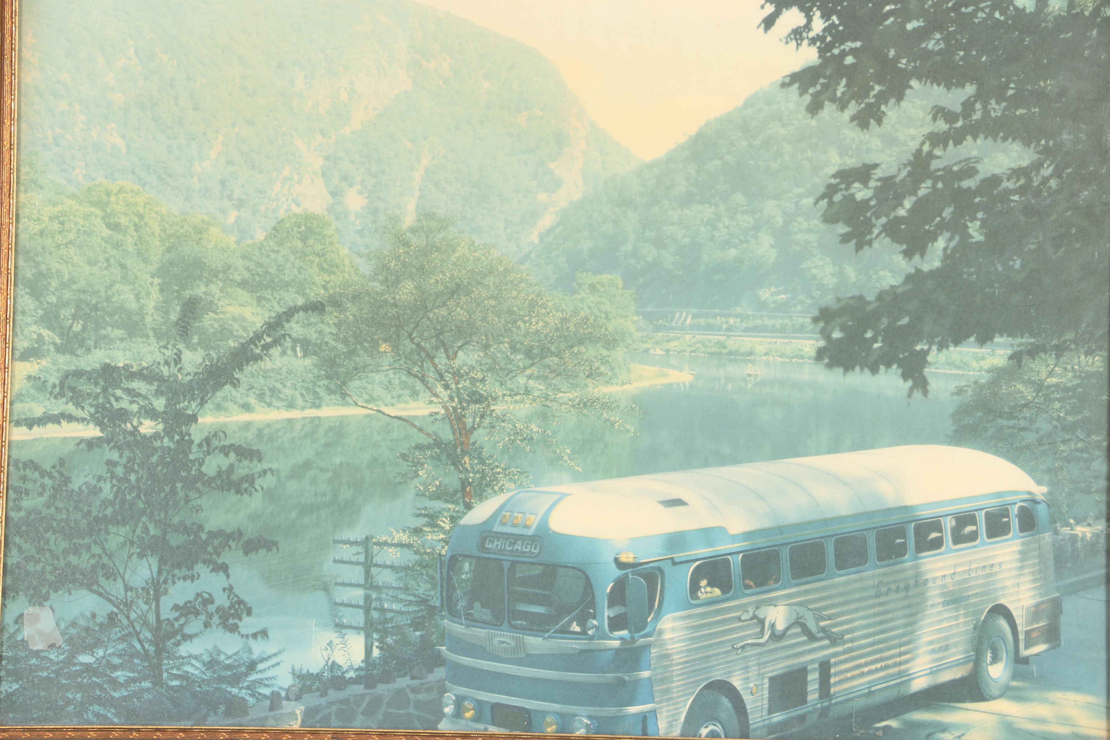 Offset Lithograph of a Greyhound Bus Before a Mountain River