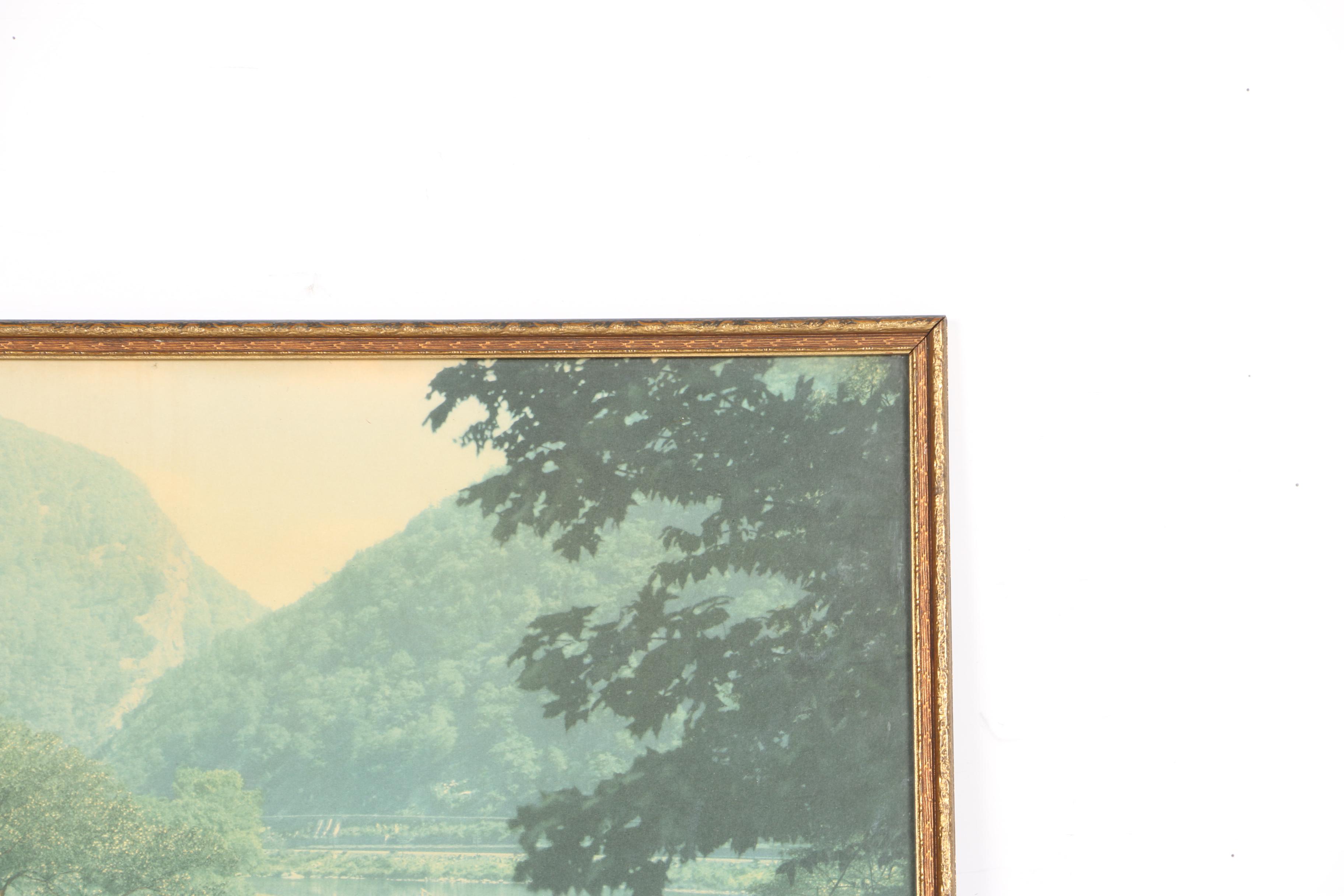 Offset Lithograph of a Greyhound Bus Before a Mountain River