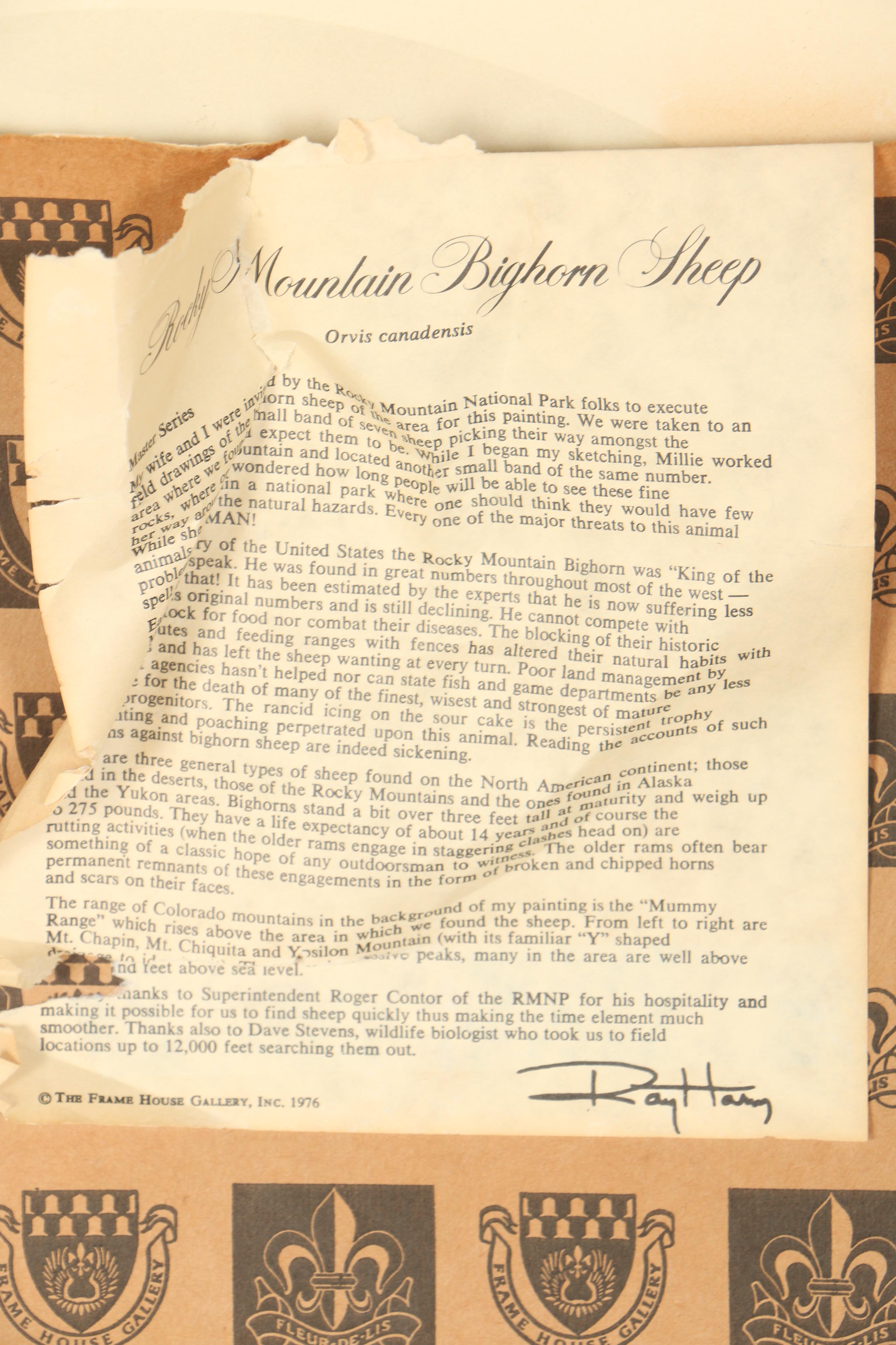 Ray Harm Reproduction Offset Lithograph "Rocky Mountain Bighorn Sheep"