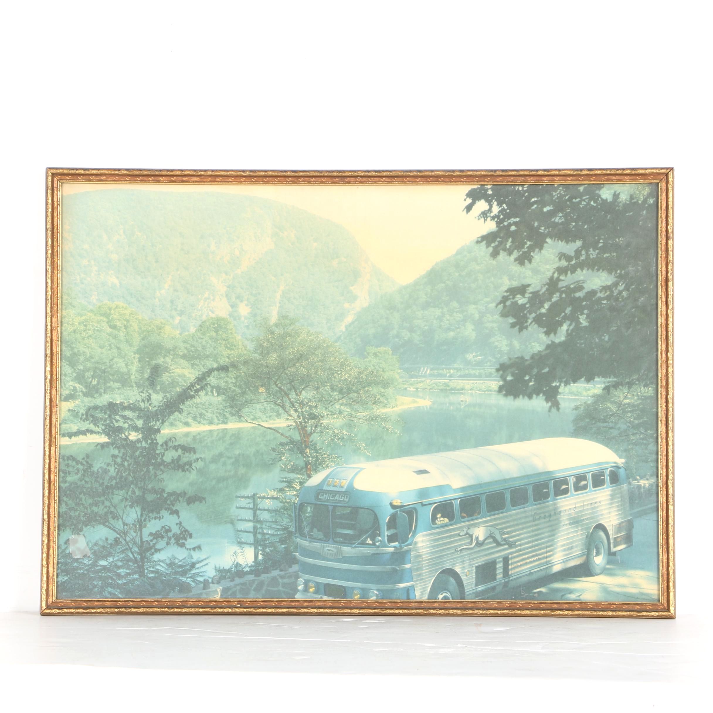 Offset Lithograph of a Greyhound Bus Before a Mountain River