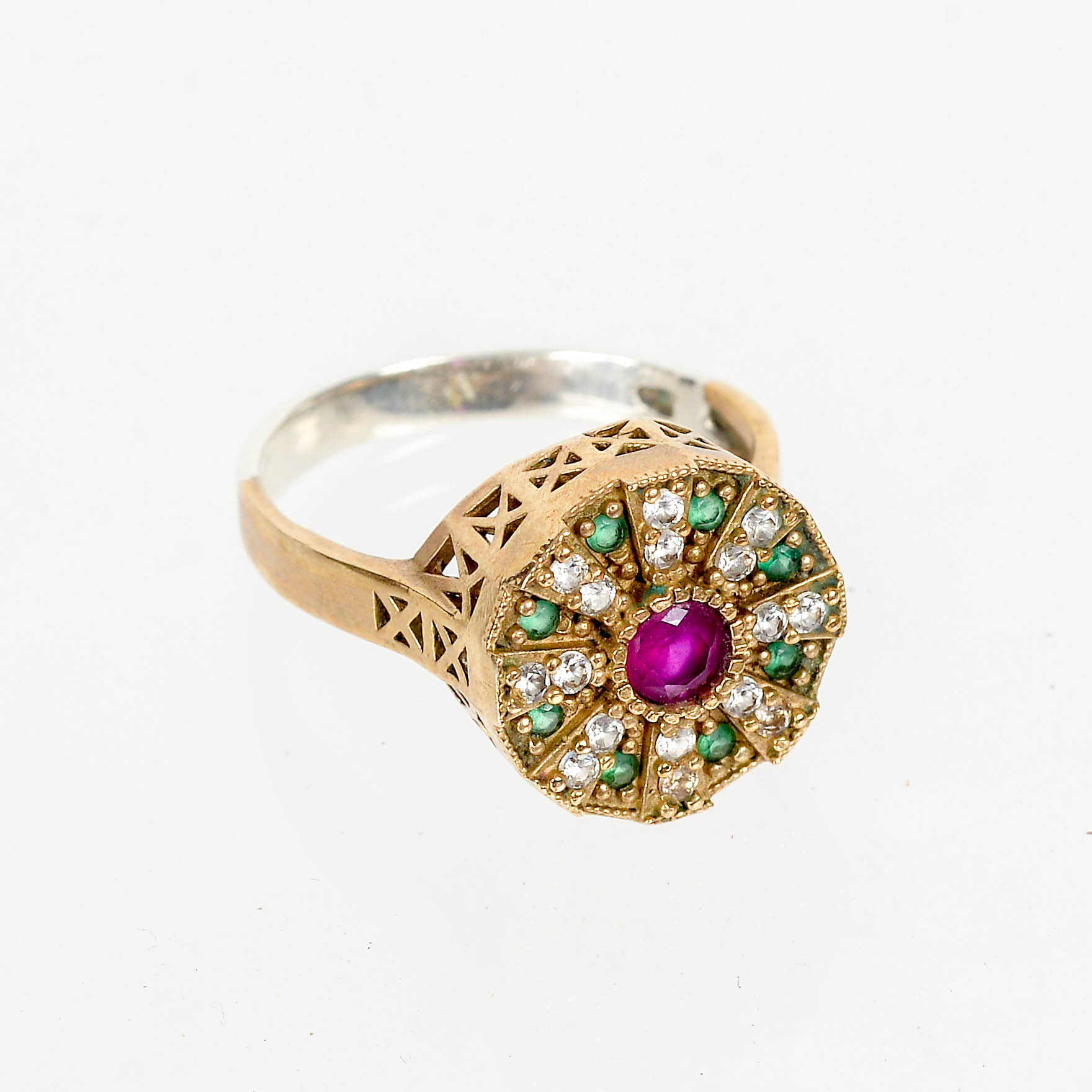 10K Gold Ring With Synthetic Ruby, Cubic Zirconia, and Glass