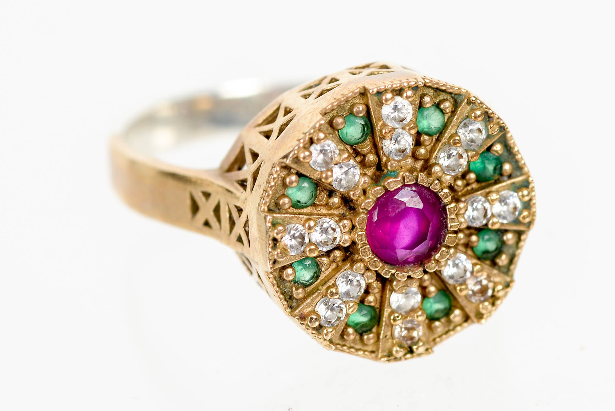 10K Gold Ring With Synthetic Ruby, Cubic Zirconia, and Glass