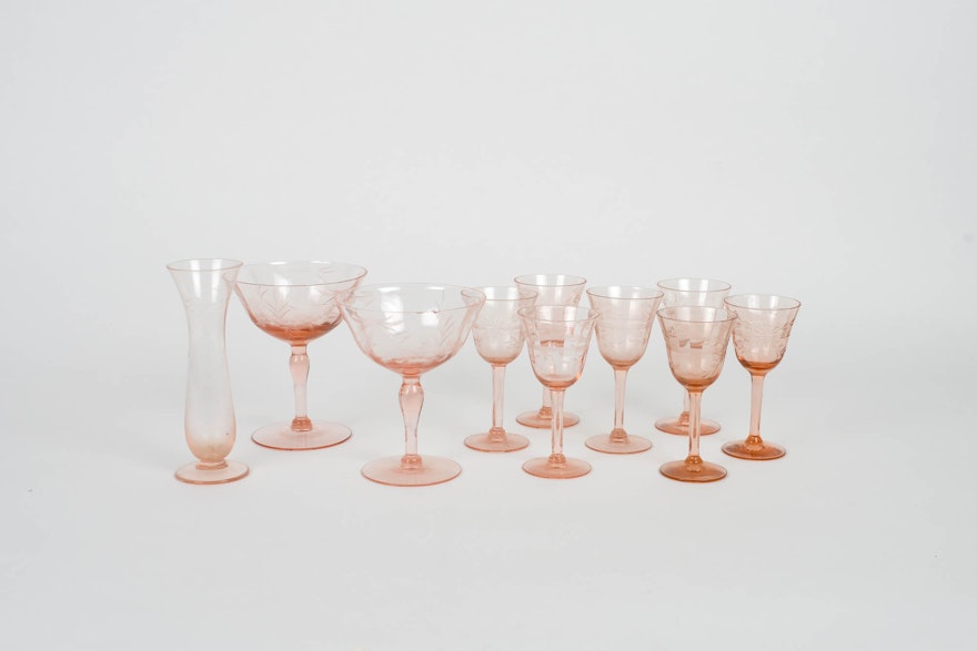Set of Vintage Etched Pink Glass Stemware