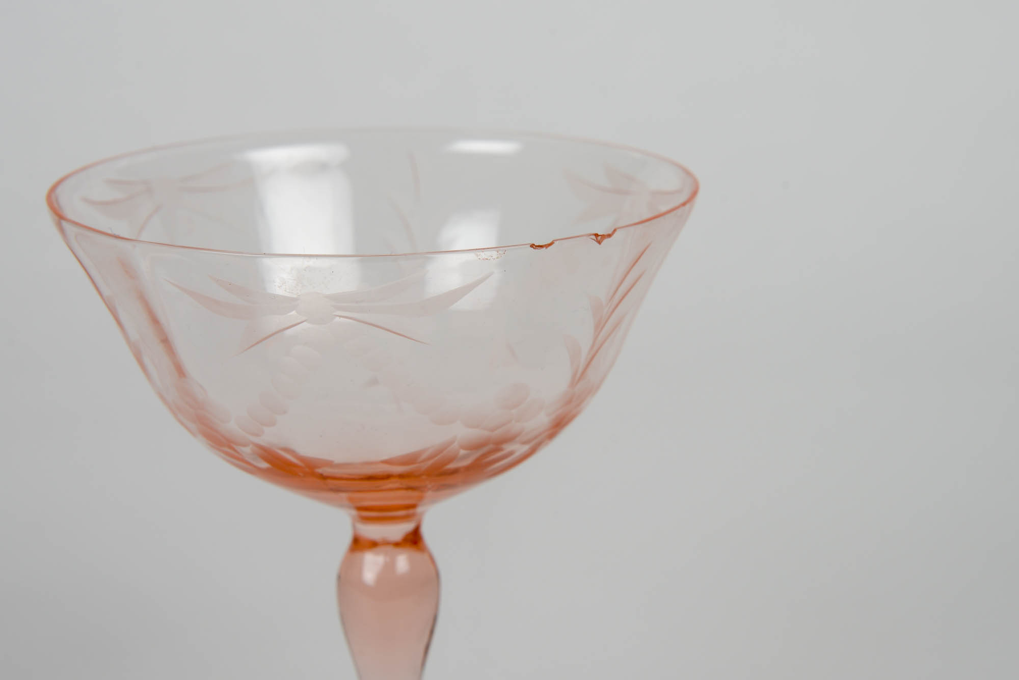 Set of Vintage Etched Pink Glass Stemware