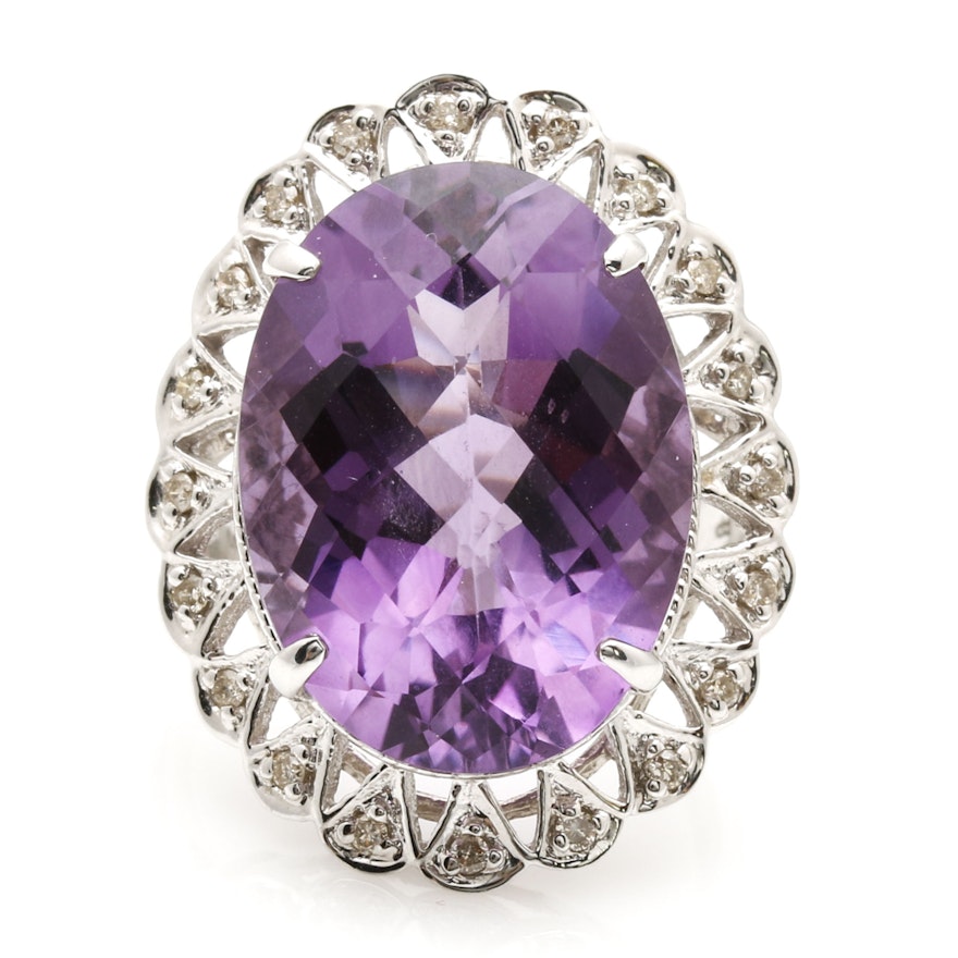 14K White Gold Amethyst and Diamond Ring