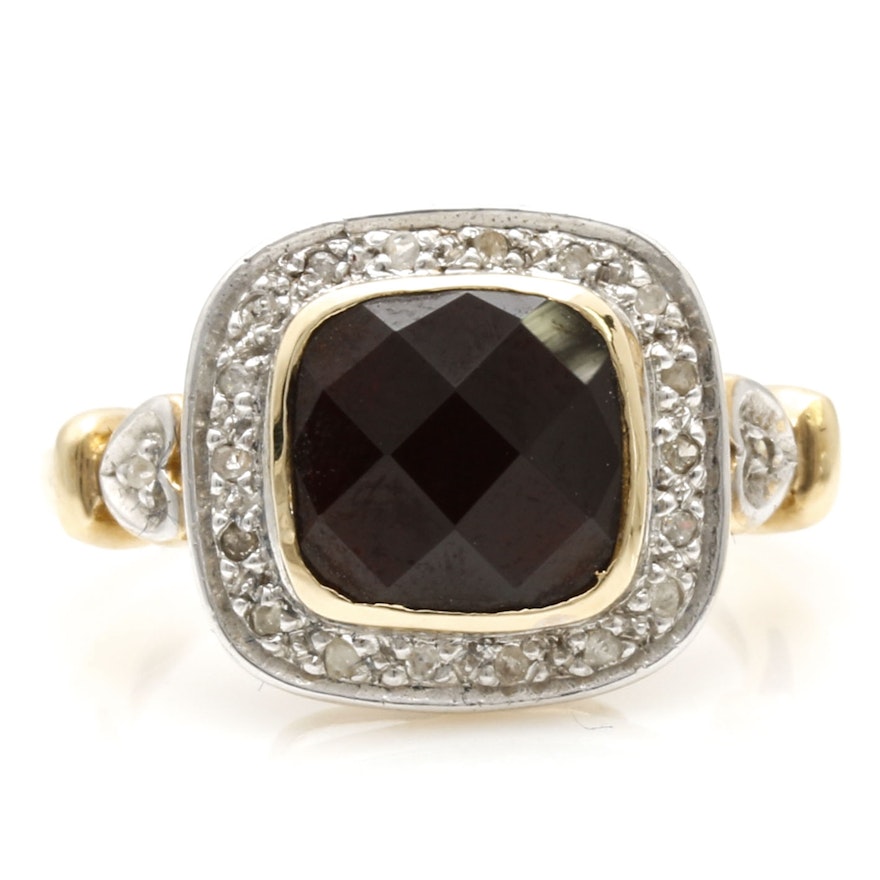 14K Two-Tone Gold Garnet and Diamond Ring With Heart Motifs