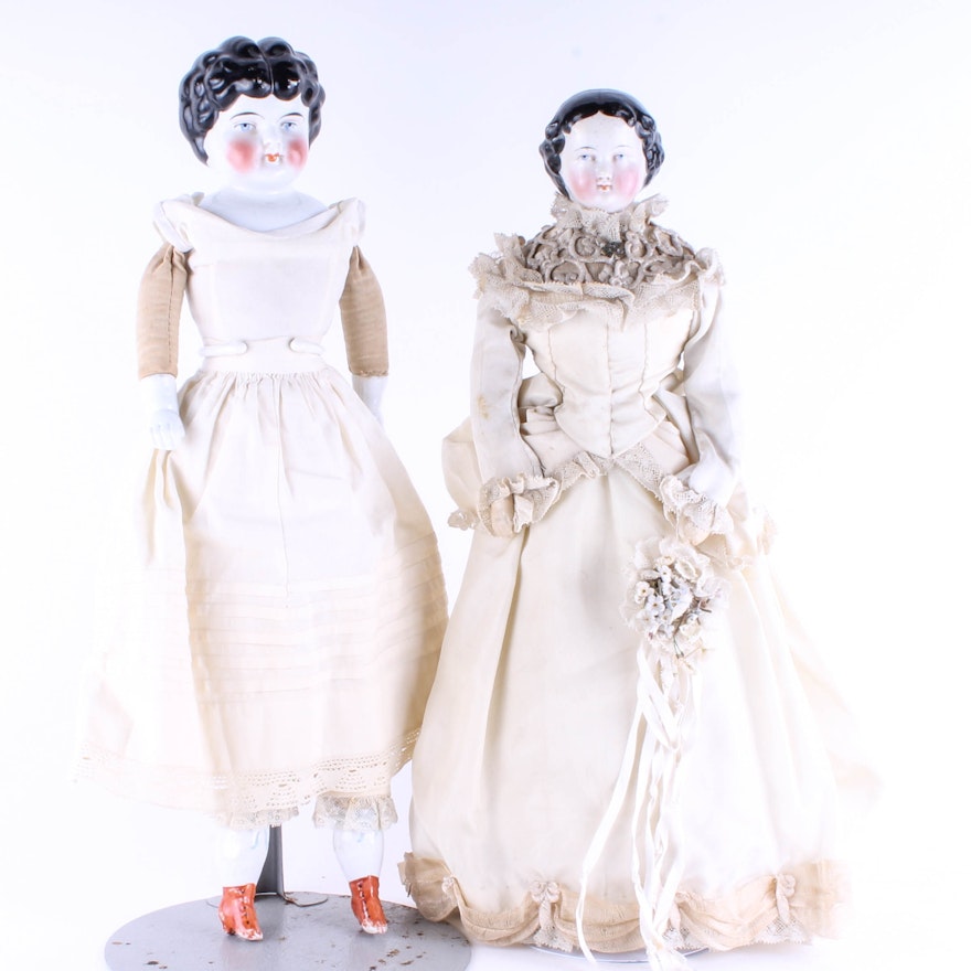 Pair of Hand-Painted Antique Porcelain Dolls