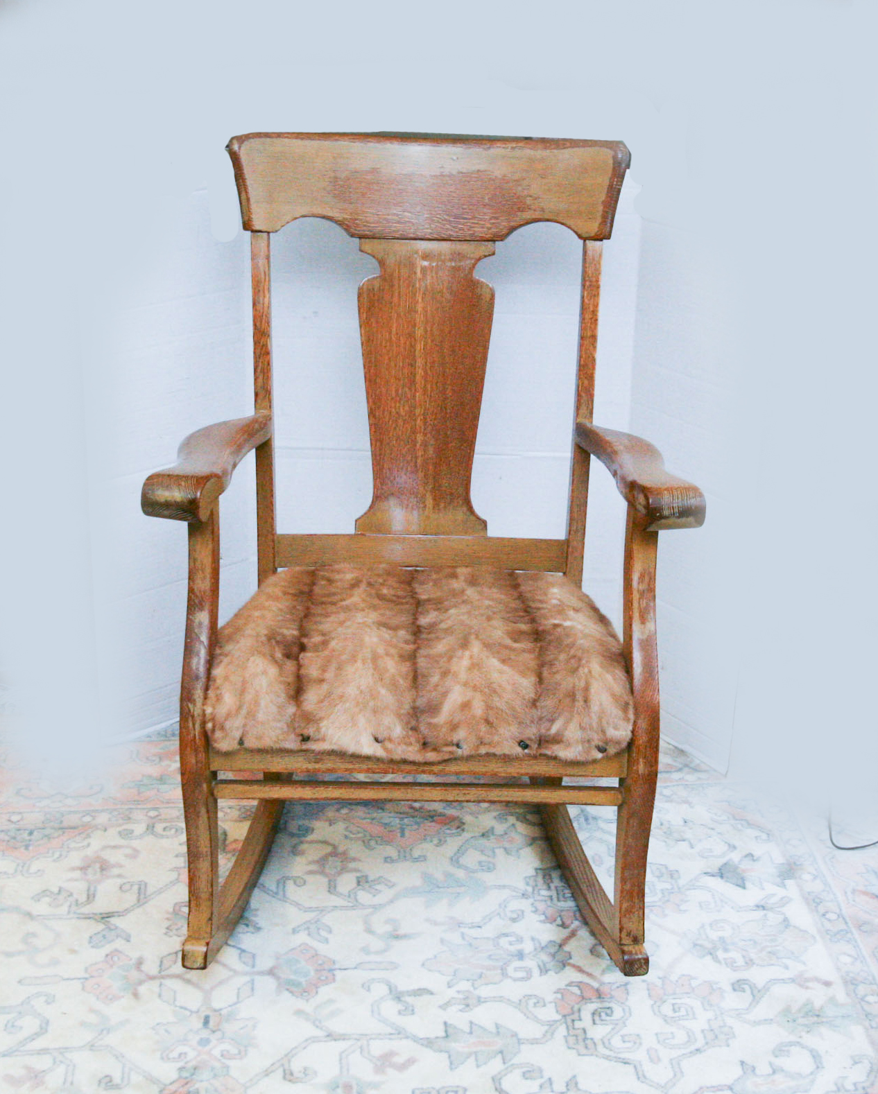 Early 20th Century Oak Rocking Chair With Mink Fur Seat