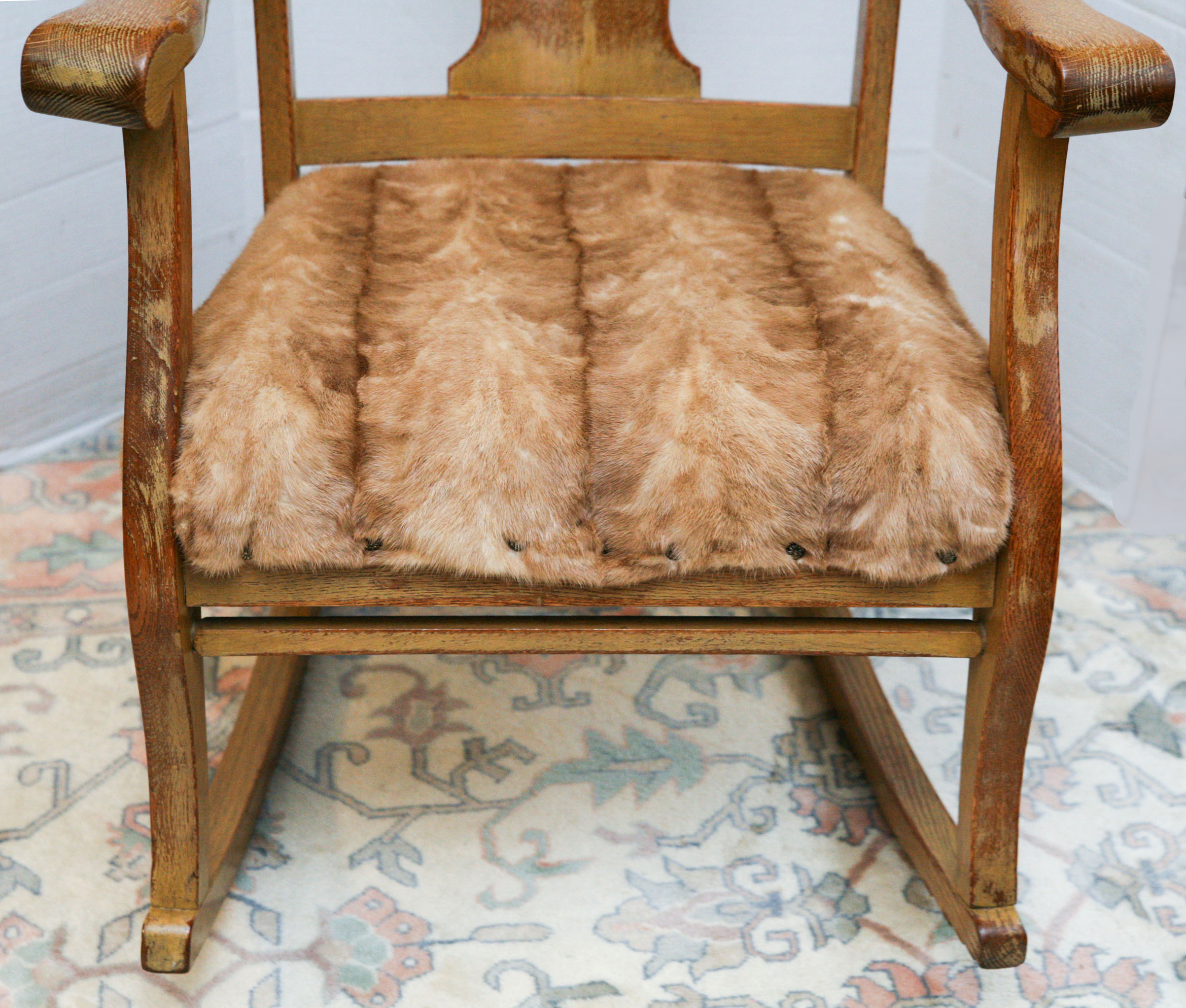 Early 20th Century Oak Rocking Chair With Mink Fur Seat