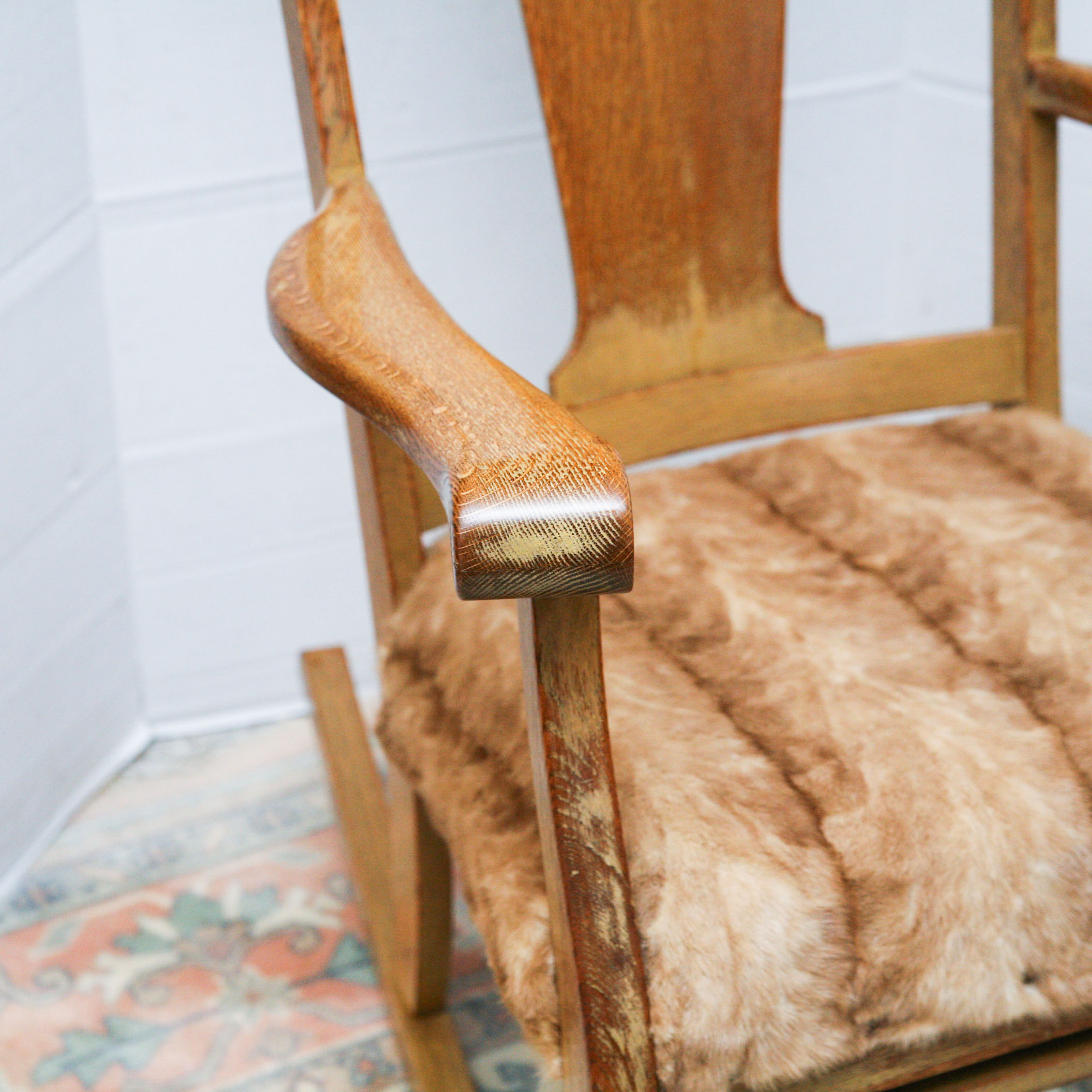Early 20th Century Oak Rocking Chair With Mink Fur Seat