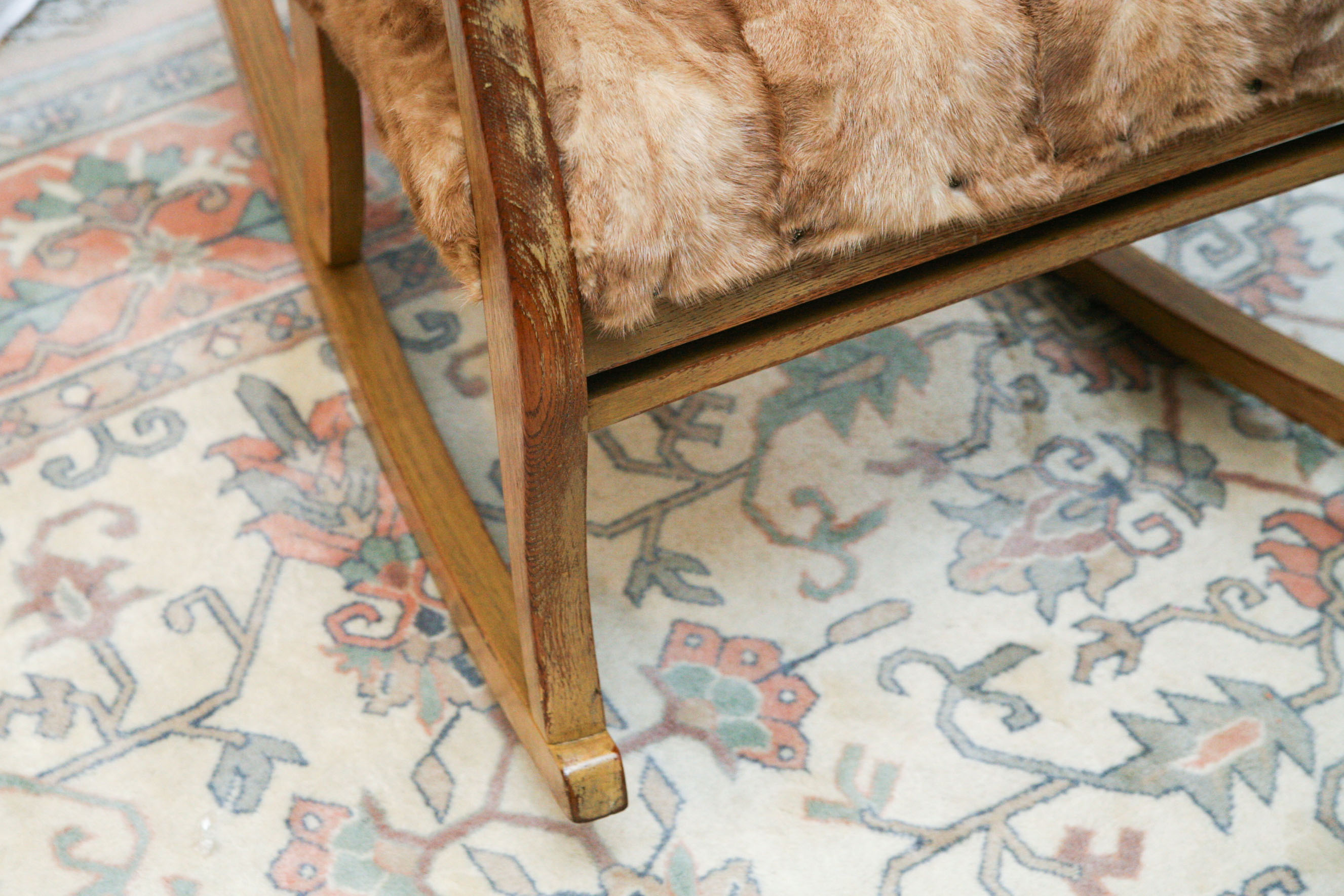 Early 20th Century Oak Rocking Chair With Mink Fur Seat