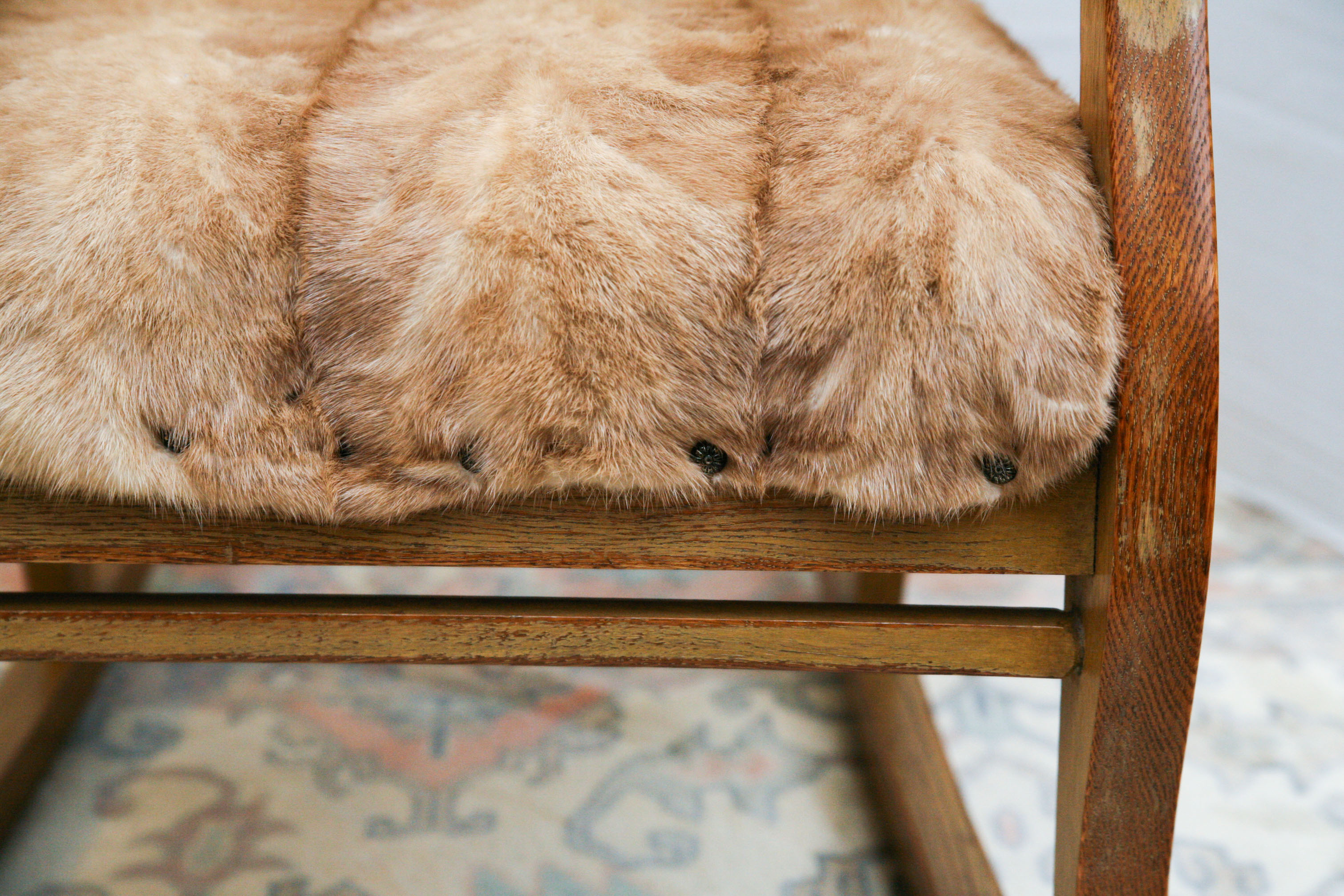 Early 20th Century Oak Rocking Chair With Mink Fur Seat